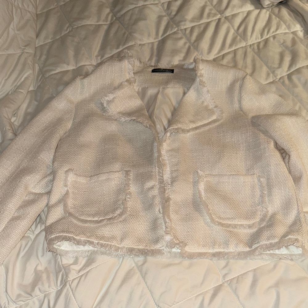 Chic Cream Blazer with Frayed Edges